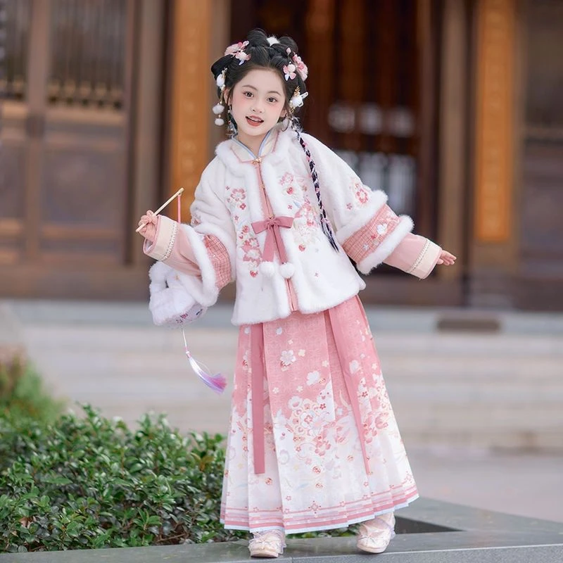 

Girls Winter New Warm Hanfu Dress Kids Ancient Fairy Quilted Horse-face Skirt Set Babies 2026 Chinese New Year Costume