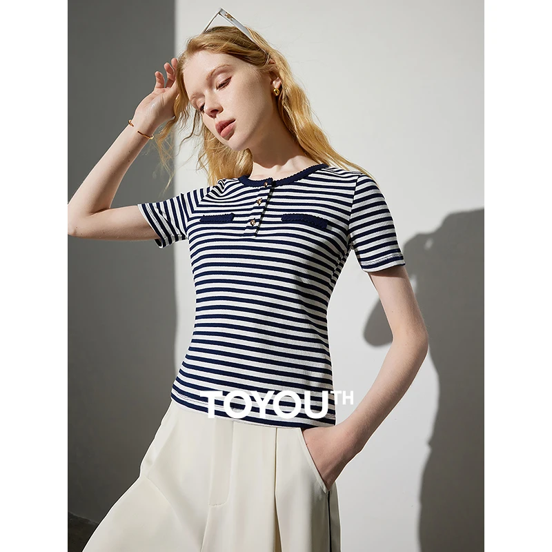 TOYOUTH Women Tee Tops 2024 Summer New Slim Fit Short Sleeve Striped Round Neck T-shirt Top