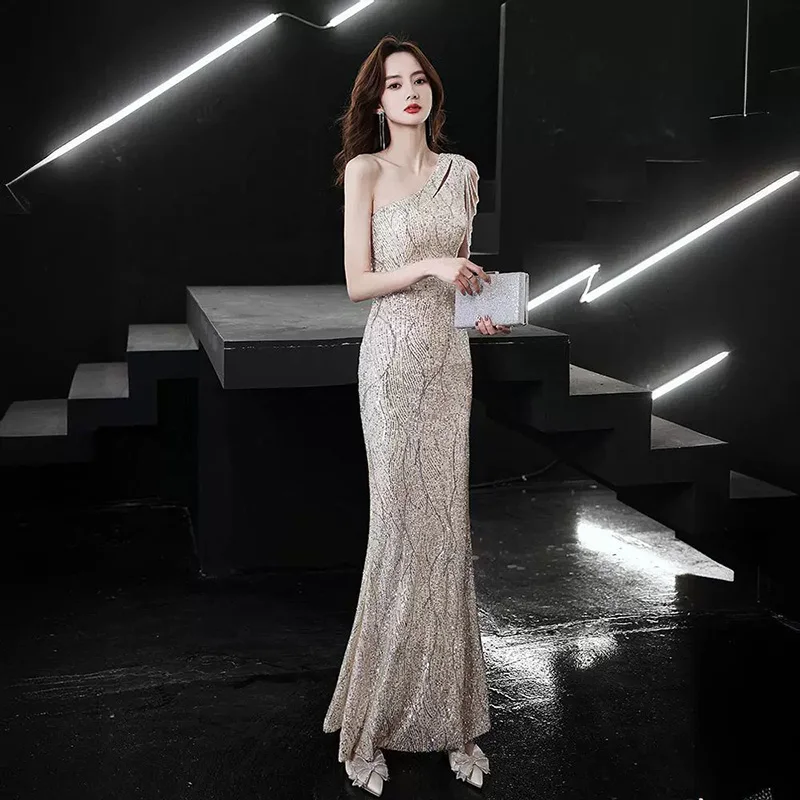 Light Luxury Sequins Fishtail Evening Dress Women's One Shoulder Sleeveless Tassel Prom Gowns Summer Slim Fit Party Dresses
