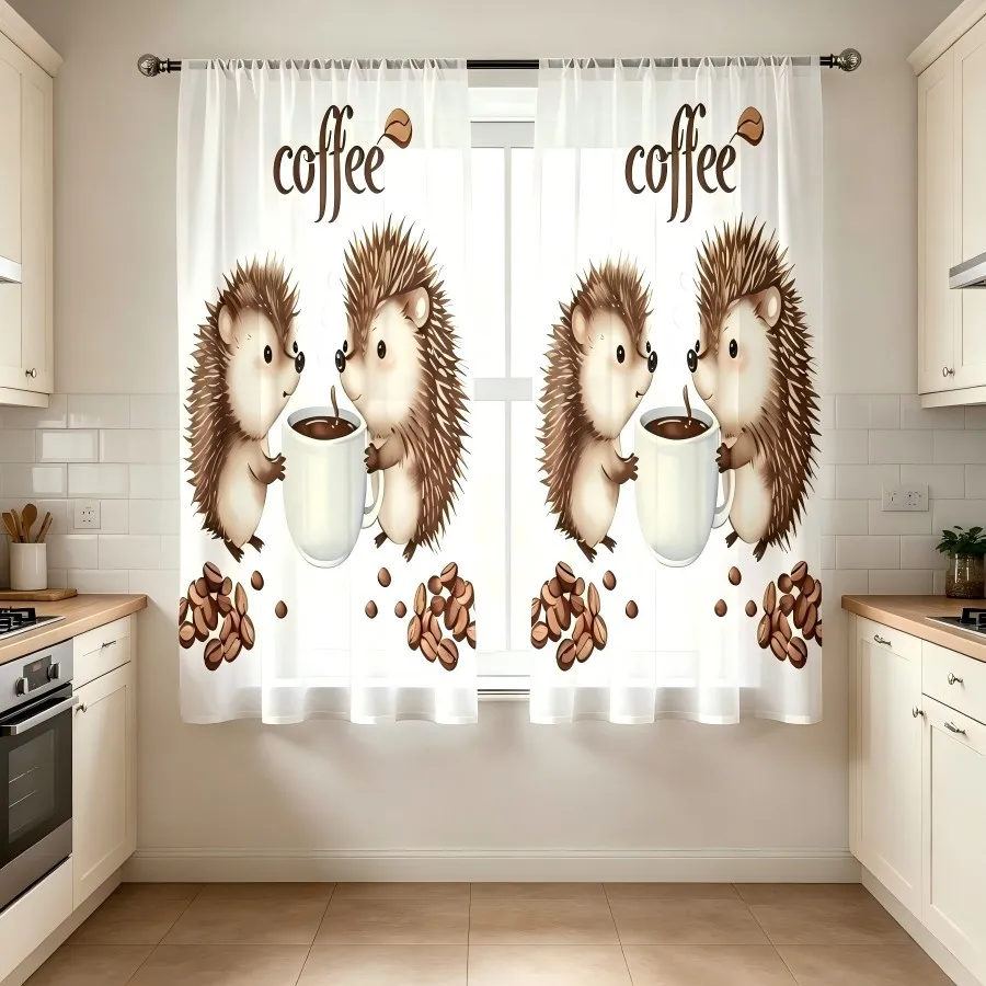 2PCS Digital Print Sheer Curtain, Hedgehog Coffee Brown Cute Animal Autumn Window Drapes for Living Room Bedroom Home Decor