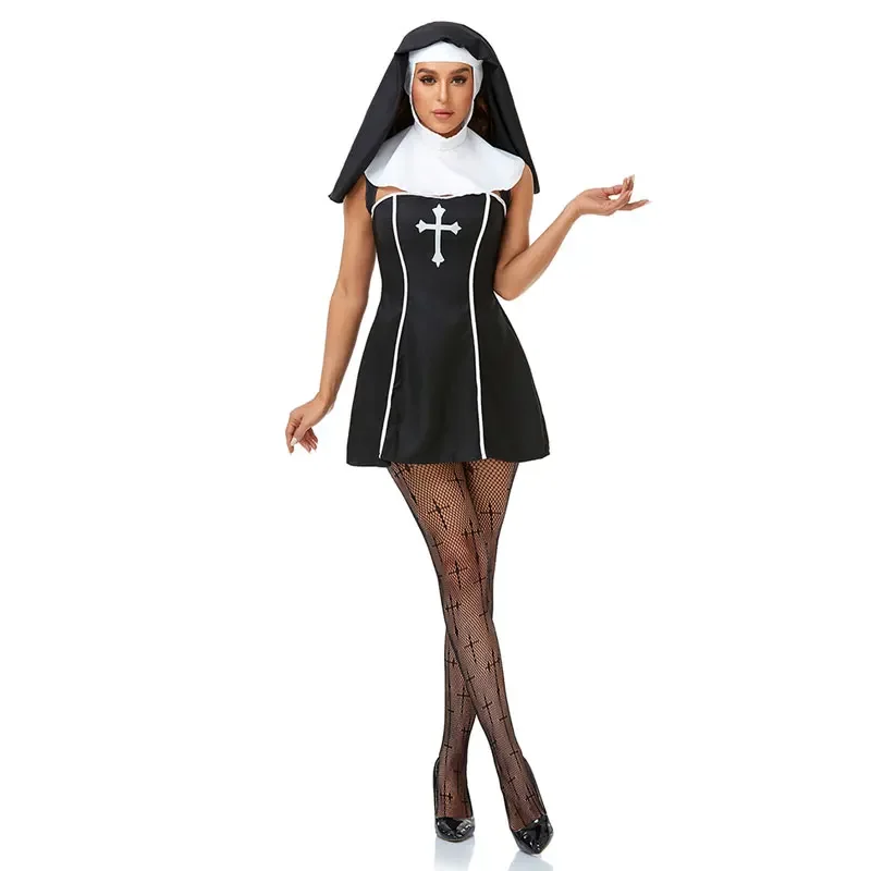 Sexy Volwassen Non Zus Priester Fancy Kostuum Halloween Dag Van De Dode Bloedige Enge Christelijke Katholieke Missionaire Cosplay Jurk