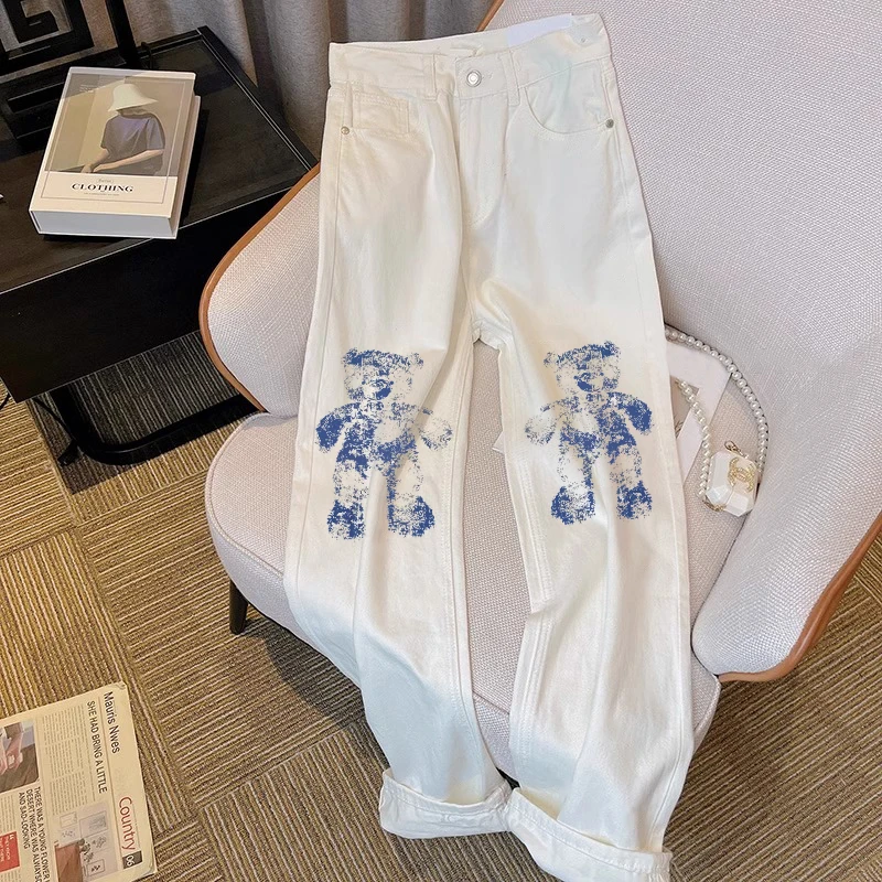 

White Graffiti Print Straight Leg Casual Jeans Unisex Summer Design Slim High Waist Versatile Long Trousers for Men And Women