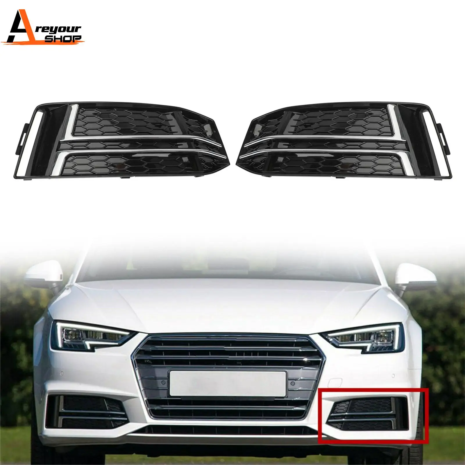 Areyourshop 1 Pair Front Fog Light Cover Bumper Grille fit For AUDI A4 B9 S-LINE 2016 2017 2018 Car Grill 8W0807681F 8W0807682F