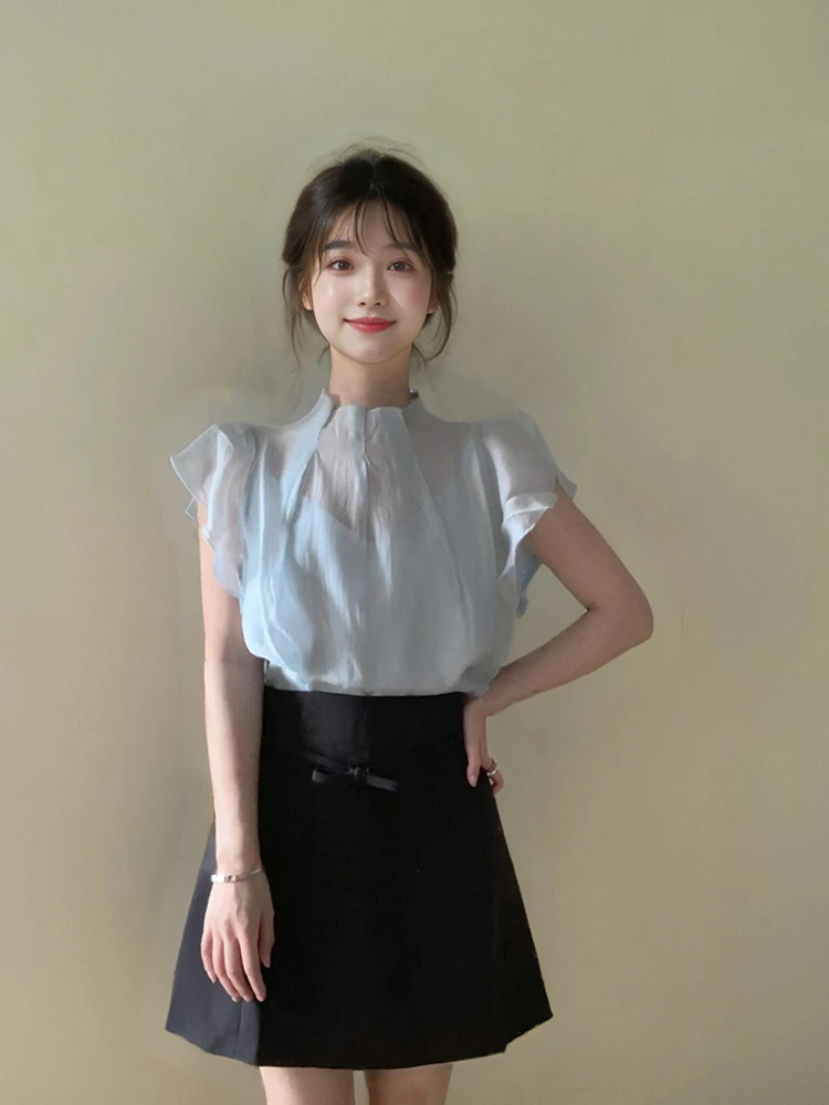 Professional Two-Piece Set Blue Shirt Top High Waist Skirt Women's Summer Fashion Ensemble High Quality Polyester Material