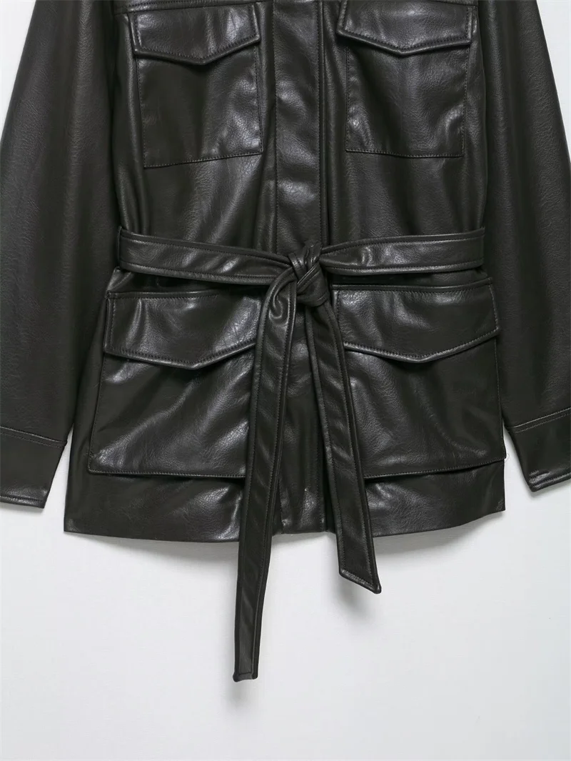 سترة نسائية خريف جديد 2025 سترة من الجلد الصناعي بأكمام طويلة باللون الأخضر الداكن مع زخرفة جيب مع حزام شخصية غير رسمية Mot #4