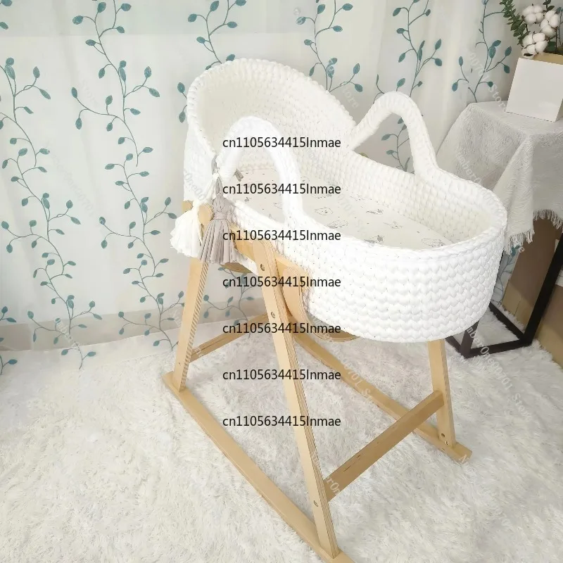 Wooden Stand and Soft Mattress Baby Cradle Handwoven Beige Crochet Bassinet Portable Moses Basket Newborn Lounger