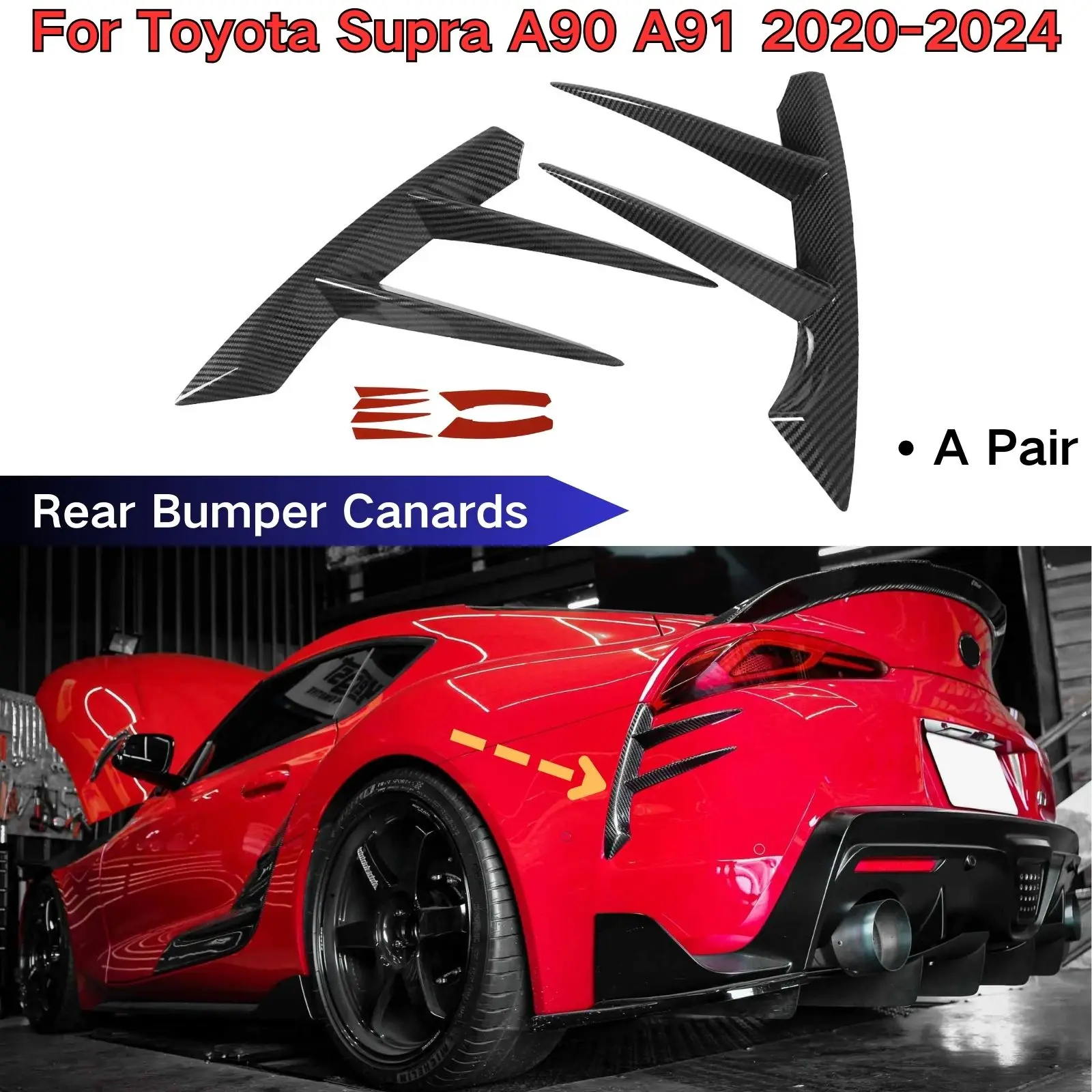 For 2020-2024 Toyota Supra A90 A91 A Pair Rear Bumper Canards Car Accessories Body Kit Glossy Black Carbon Fiber Print Plastic
