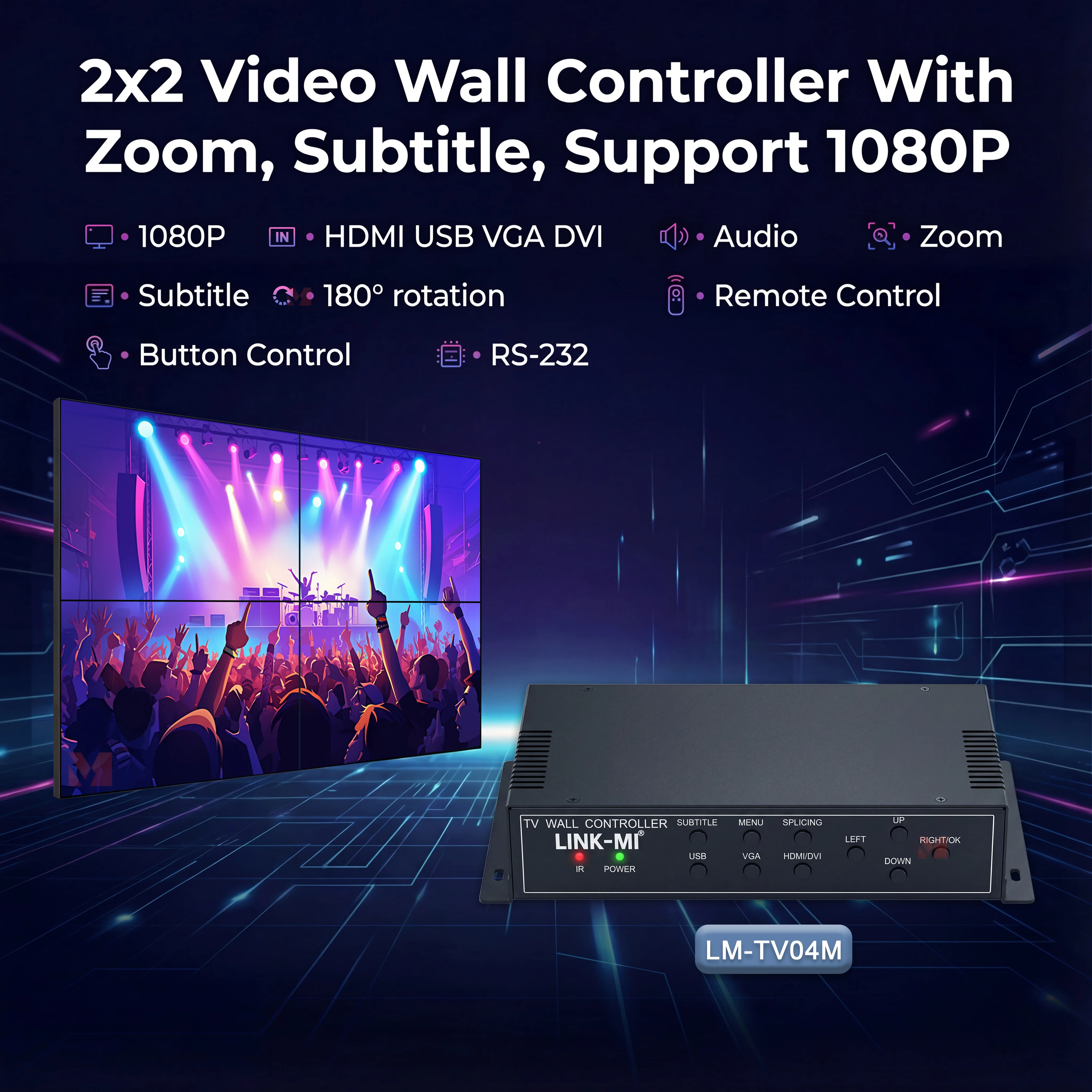 

Контроллер видеостены 2x2, 1080p при 60 Гц, блок для объединения экранов 2x2, 1x4, 1x3, 1x2, 2x1, 3x1, 4x1, процессор видеостены RS-232