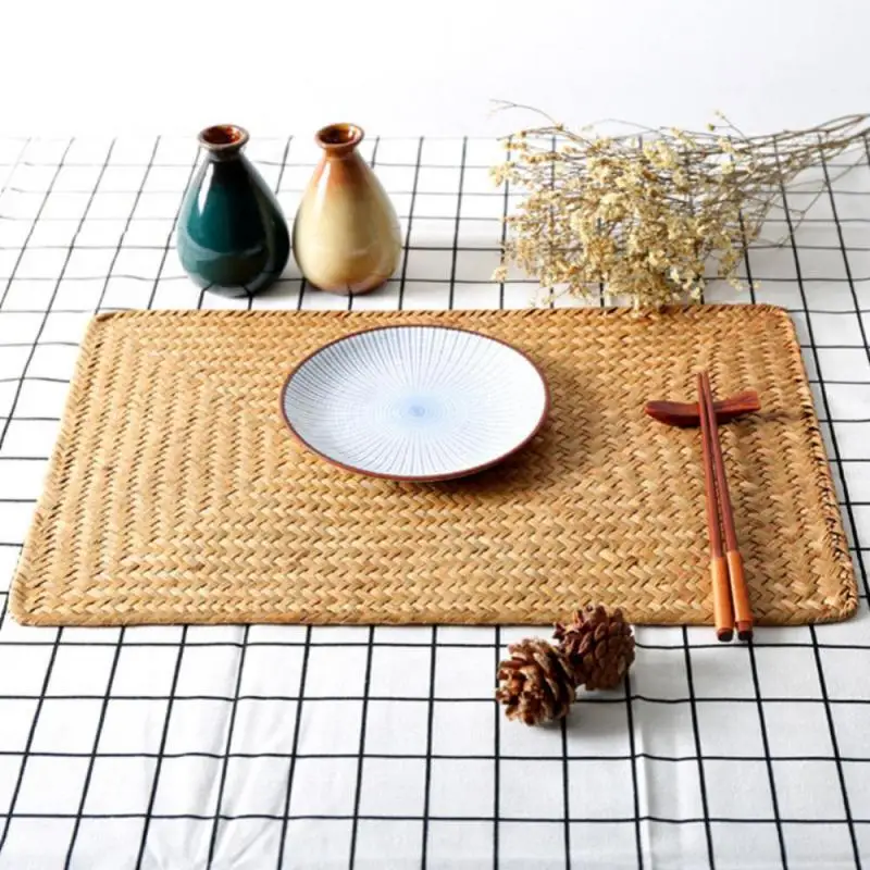 Natural Seagrass Place MatHand-Woven Rectangular Rattan Placemats Straw Tea Cup Mat Potholder Kitchen Tableware Accessories