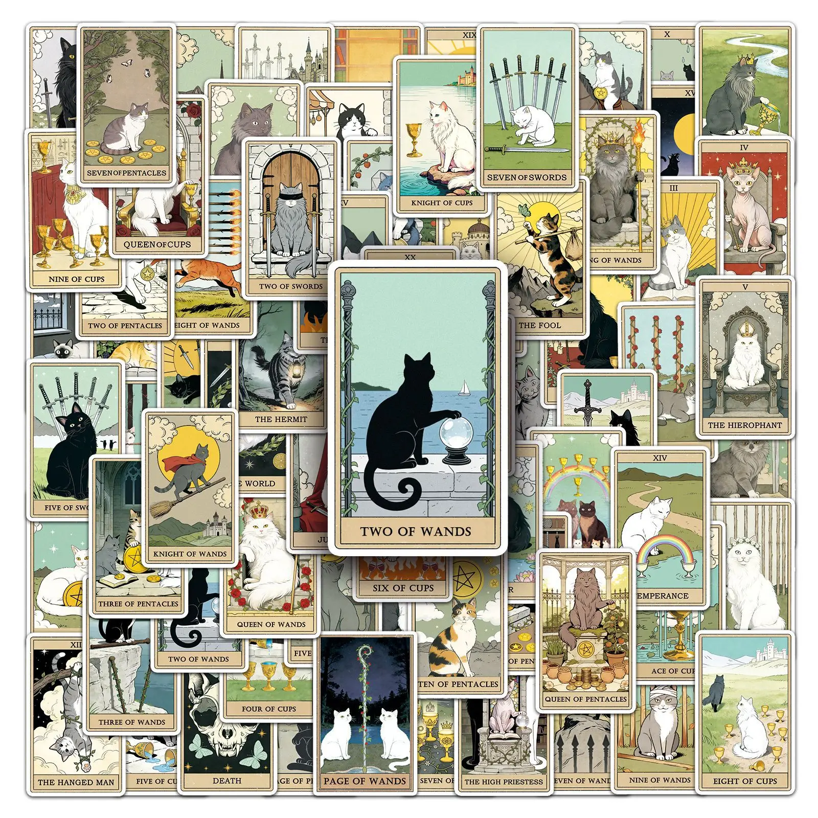 78-teiliges Vintage-Klassiker-Katzenmotiv Tarot Vinyl-Aufkleber-Set, Wasserfest für Laptop, Handyhülle, Notizbuch, Wasserflasche, DIY-Sticker