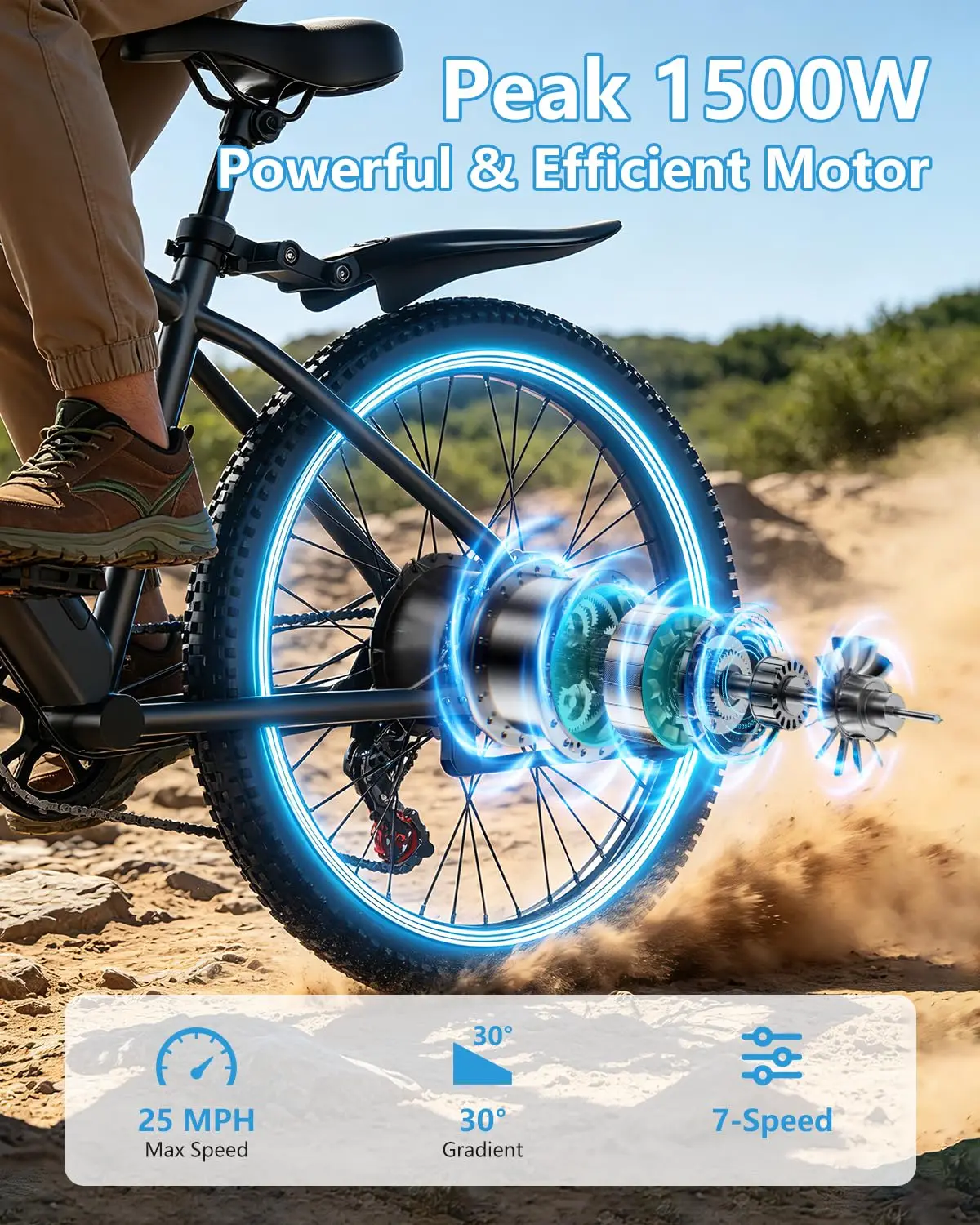 1500W 48V 12Ah Removable Battery 26-Inch 7-Speed Front Suspension Electric Mountain Bike 65 Miles PAS Range, Customized