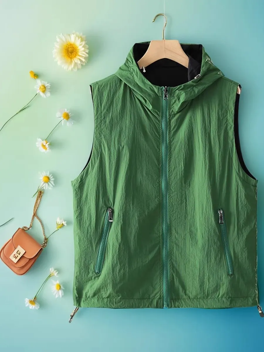 

Women's Double-Sided Wearable Hooded Vest Outdoor Faion Casual Loose Versatile Svel Sun Protection Jaet Vest