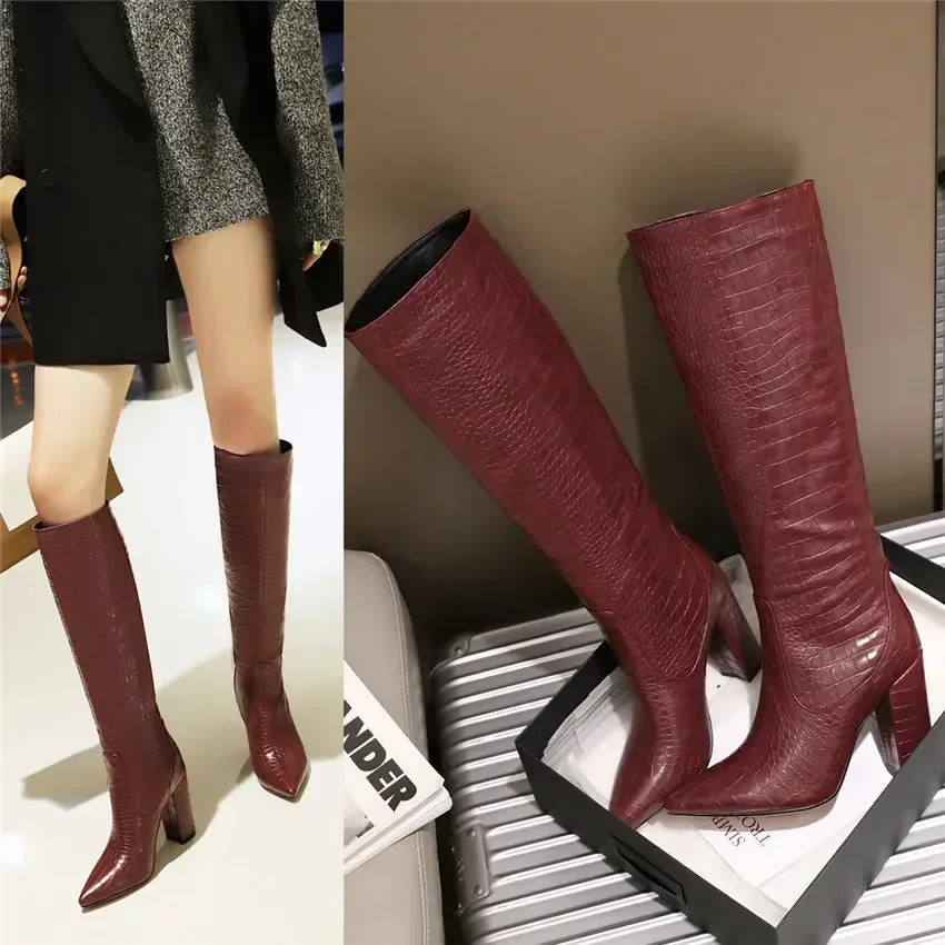 Big Size Fashion Women Knee High Boots Red Black Crocodile PU Pointed Toe Chunky Heels Sexy Party Office Lady Winter Long Boots