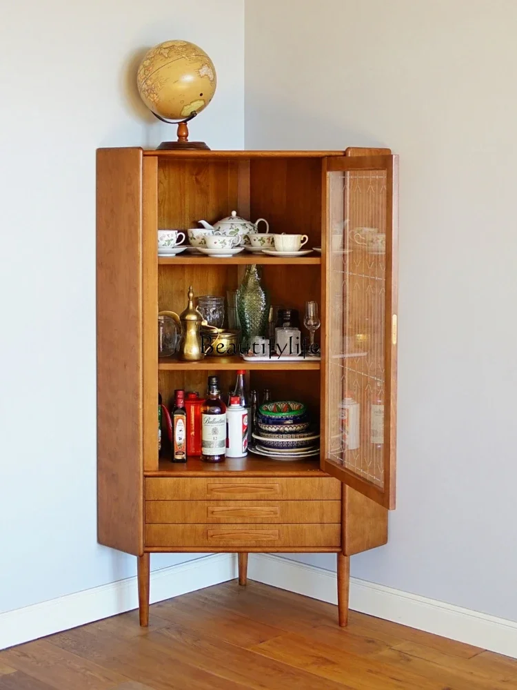 Glass corner cabinet retro simple medieval furniture wine cabinet cherry wood