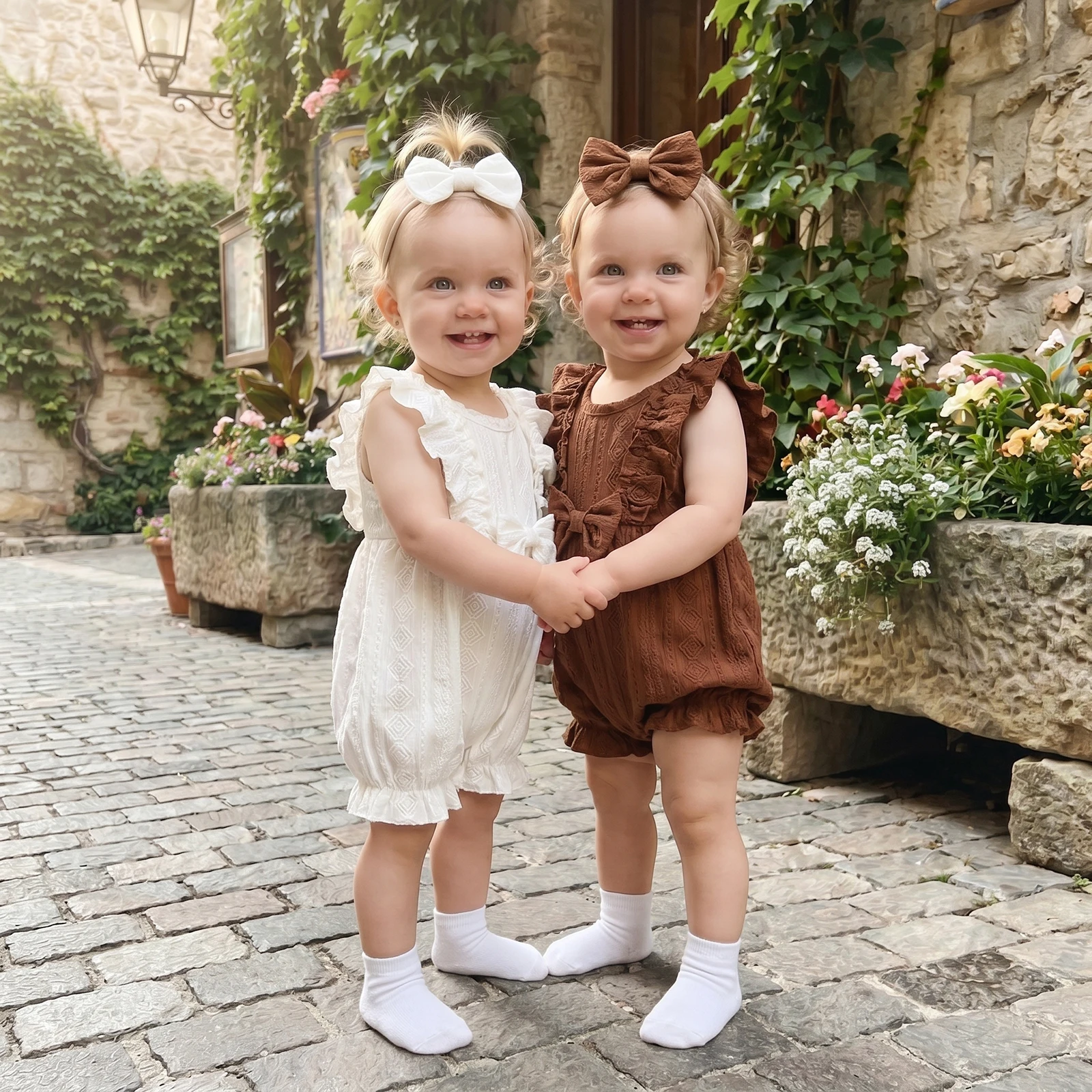 Baby Girl Romper Solid Color Textured Crew Neck Ruffles Sleeveless Infant Bodysuits Jumpsuits with Headband