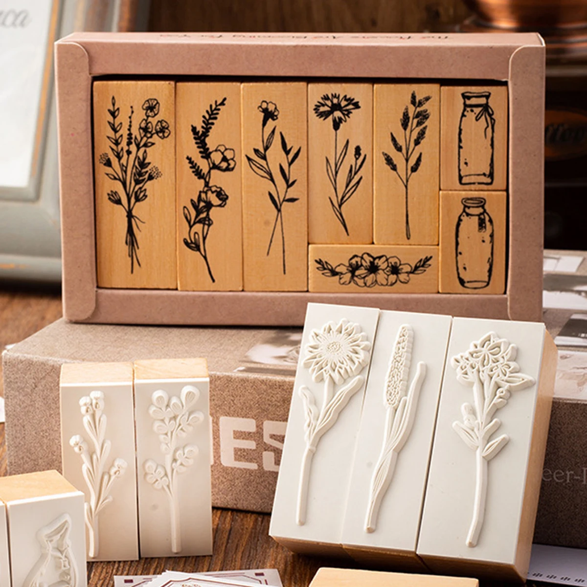8pcs/box, Plant Vase Pattern Wooden Seal for Decoration Like Scrapbook and Diary, a Wonderful Gift for Friends
