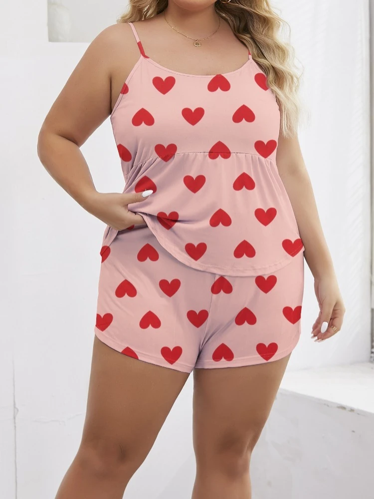 

Women's Plus Size Pajama Set 2 Piece Cute Heart Print Lounge Cami Top and Elastic Waist Shorts Pjs Sleepwear Cuasal Home Clothes