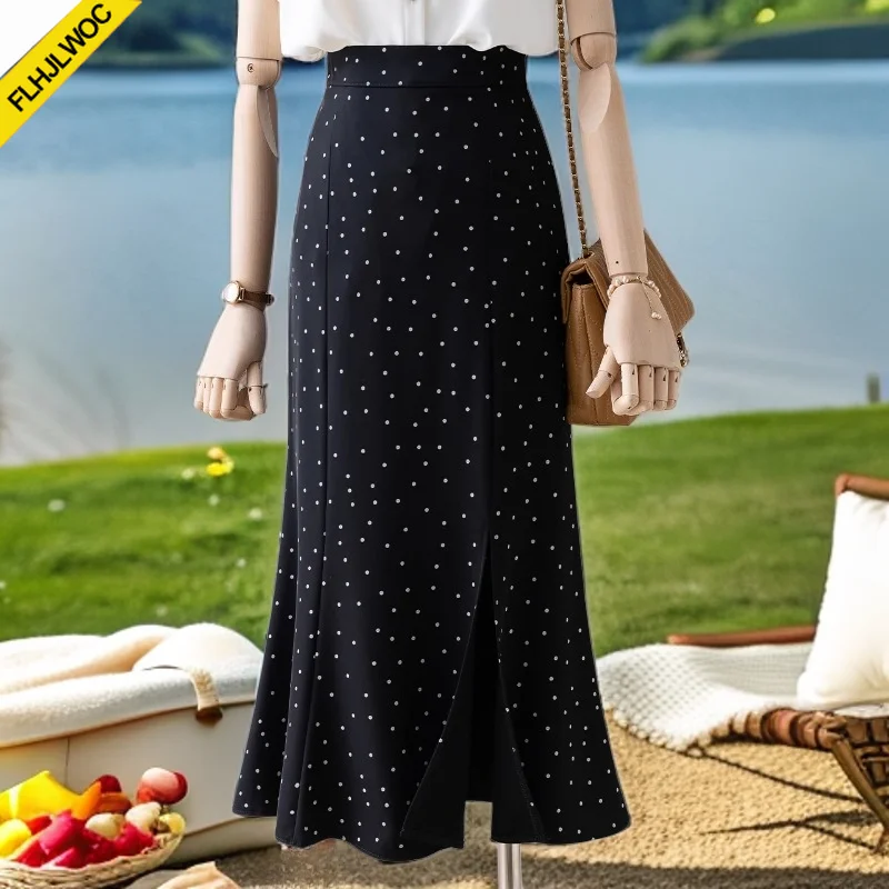 Dot Skirt Hot Sales New Design Chic Korea Fashion Women Cute Girls High Waist Bandage Black Long Split Slit Skirts