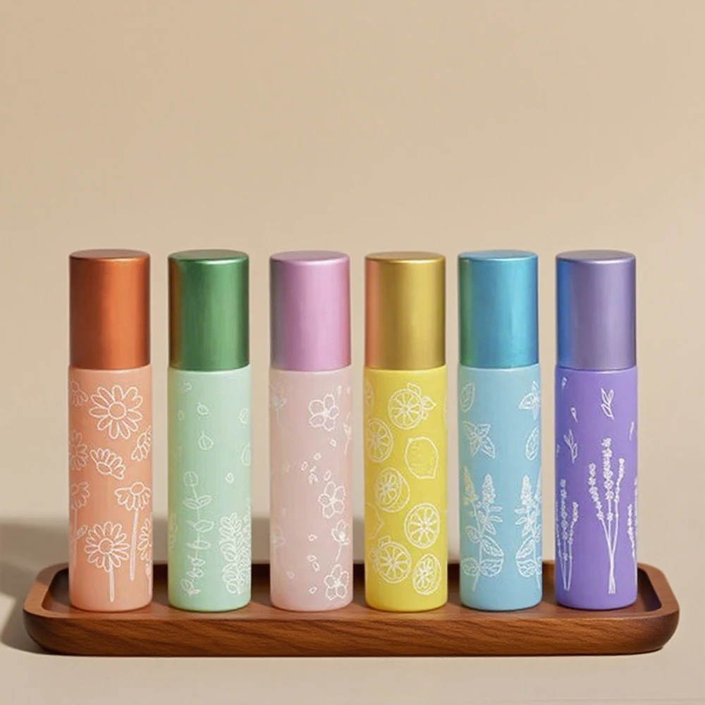 6pcs 두꺼운 유리 에센셜 오일 롤 온 병 스틸 볼 롤러 병 꽃 인쇄 빈 향수 아로마 테라피 병