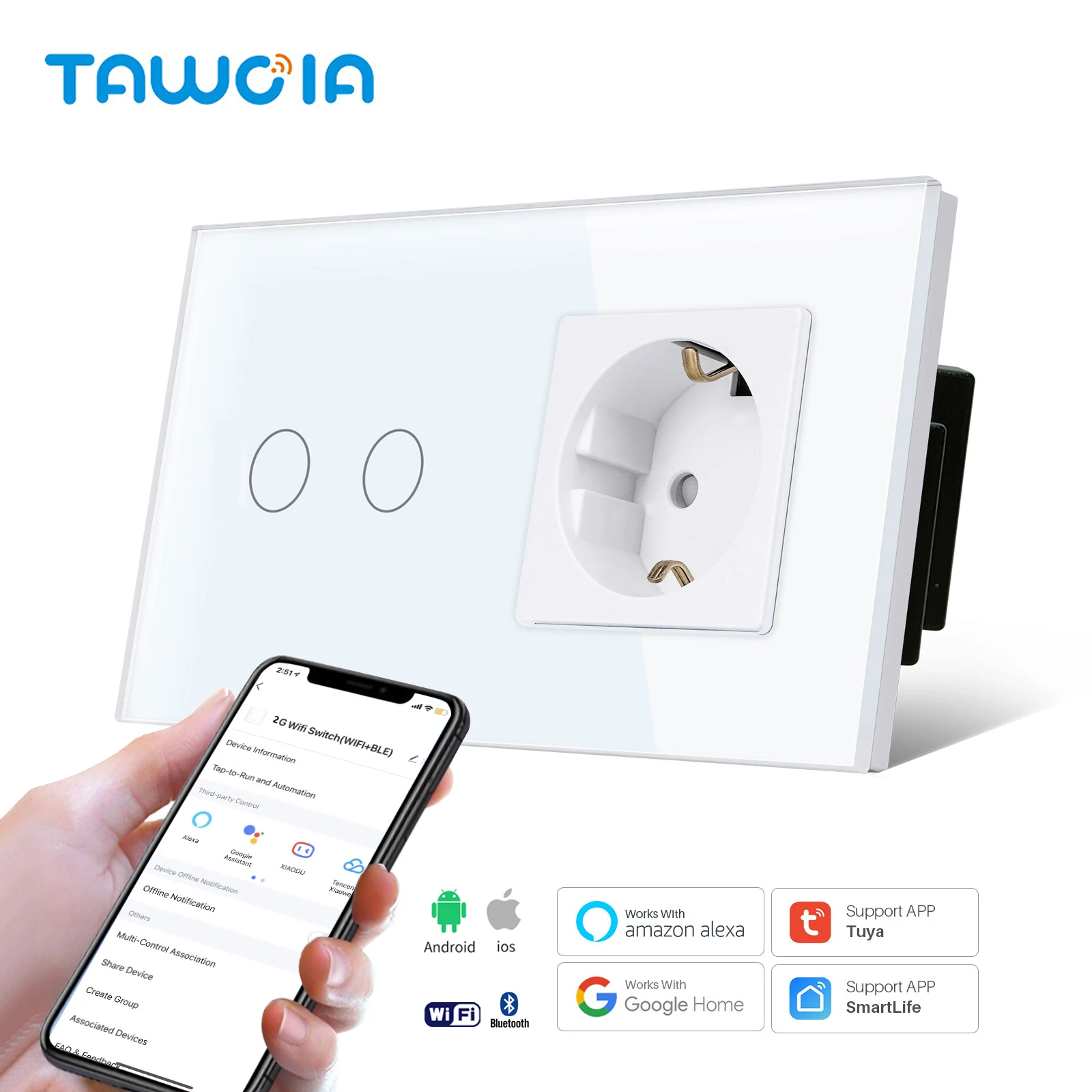 Normal Socket With WiFi Light Switch, Work With Alexa Google Home, Glass Touch Screen,2x1Way, 16A Socket, Neutral Line Required