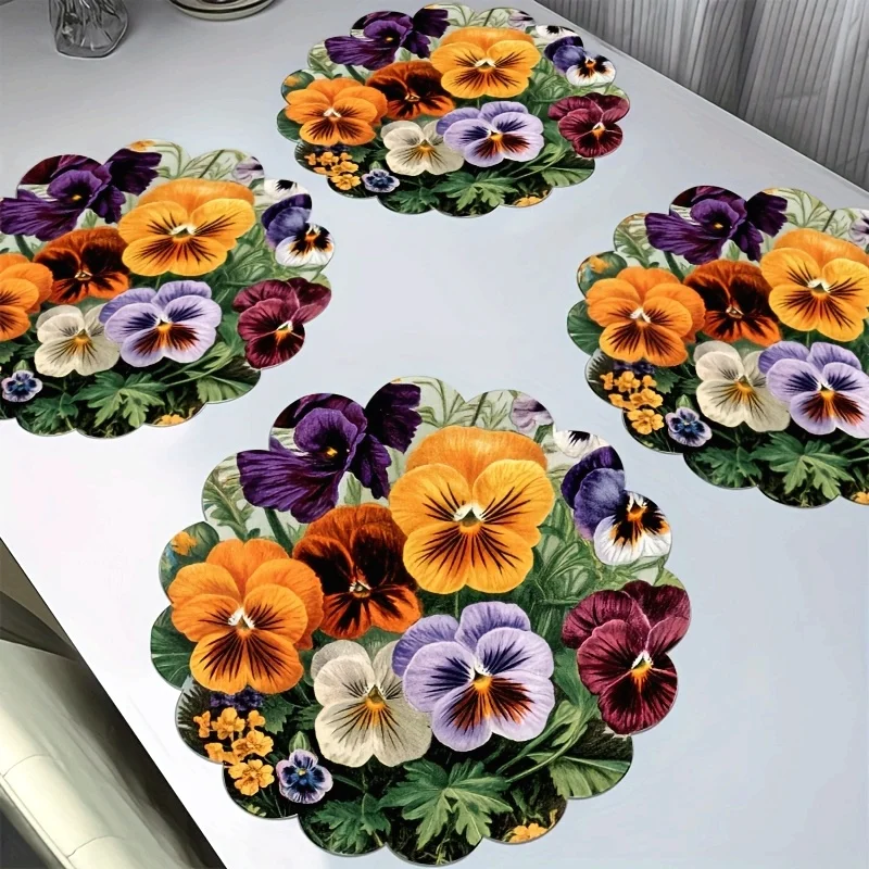 VIKAMA 4PC Crimson Flower Table Mat with Petal Round Anti scalding Mat for Afternoon Tea Restaurant Decoration