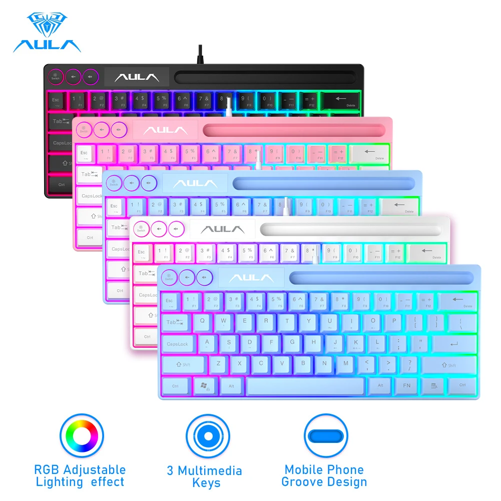 AULA F3061 RGB 64 Keys Wired Membrang Keyboard USB Interface for PC/Laptop Connection, Phone Slot Space Saving Design