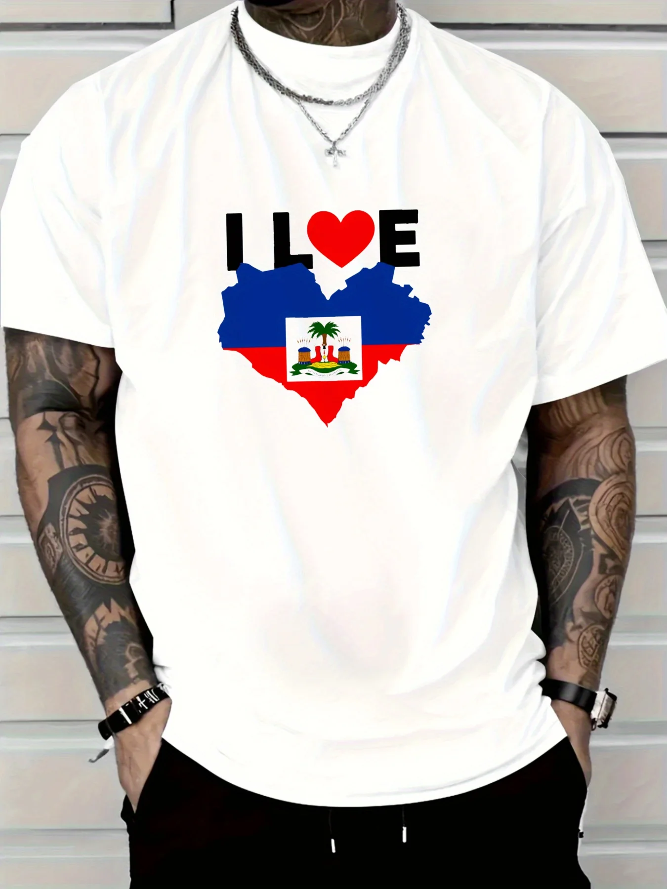 Camiseta masculina com estampa de bandeira de coração I Love Haiti, camiseta casual com design do orgulho haitiano, roupas confortáveis