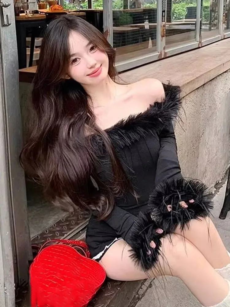 Women Autumn New One Shoulder Furry Splicing Long Sleeve T-shirt Chic Gorgeous Pink Fitted Cropped Unique Sexy Top