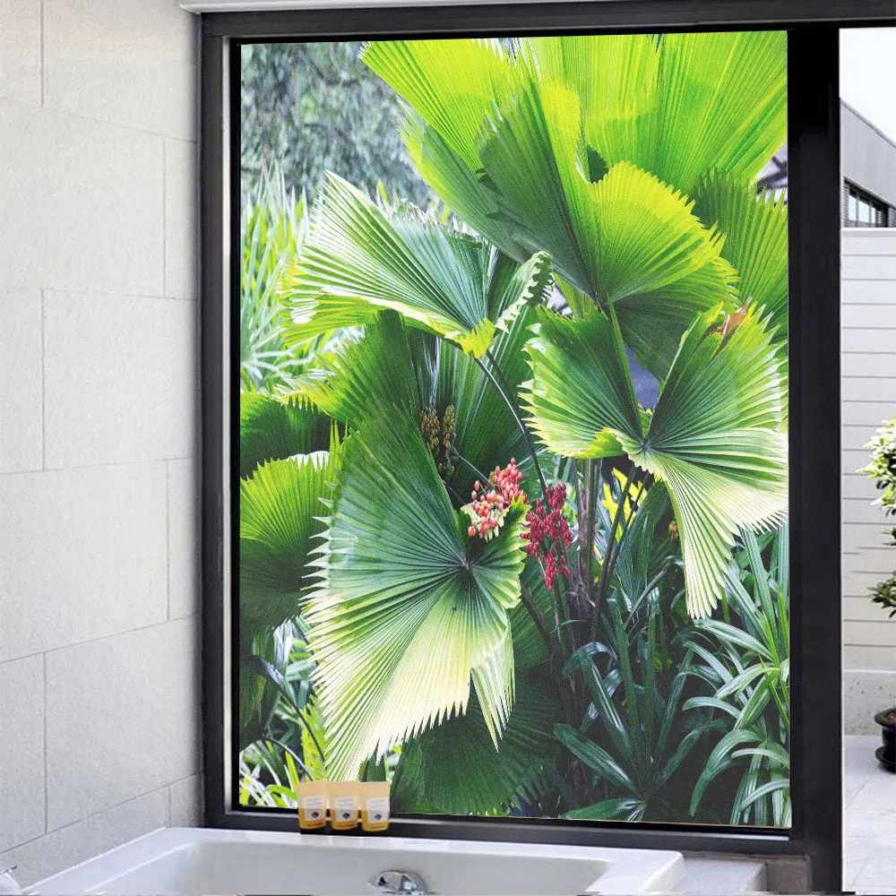 

PVC Privacy Electrostatic Non-Glue Frosting Glass Window Film Tropical Greenery Pattern kitchen Sliding Door Decorative Sticker