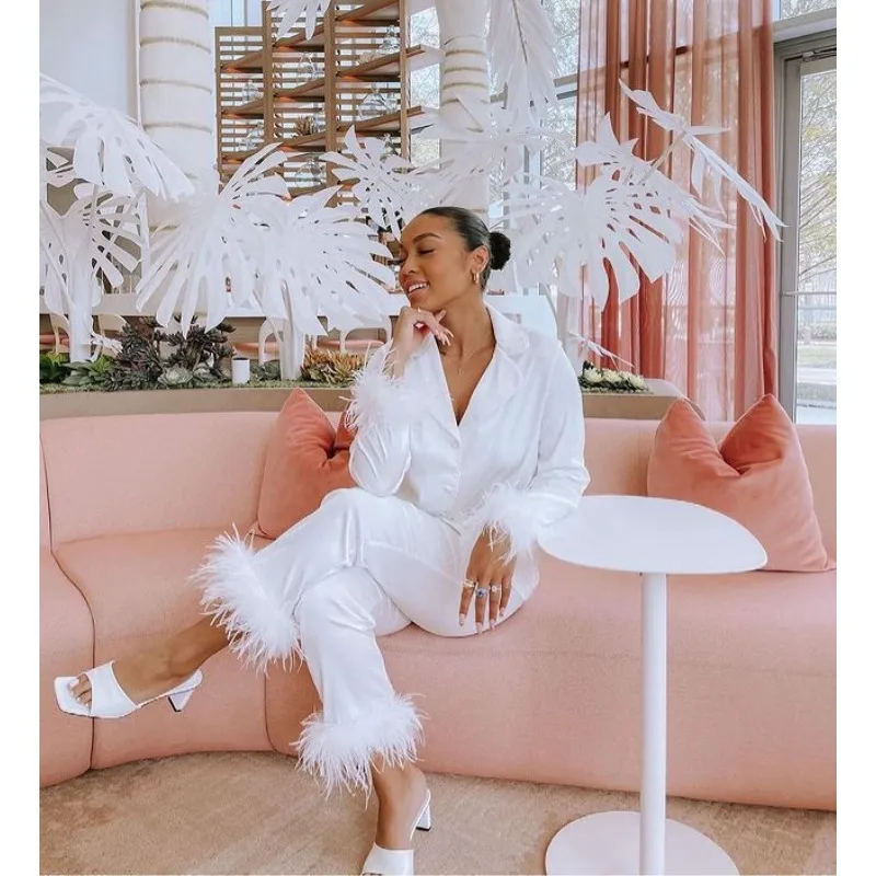 

Amazon Women's Solid Color Set Lapel Top Feather Pants Two-piece Set, Breathable and Comfortable Pajama Set Moisture-wicking,