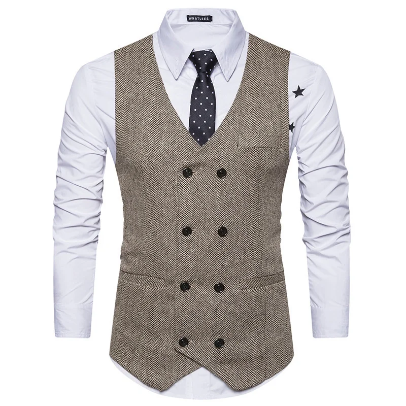 #4817 Office Vests Men Double Breasted Vintage Business Men\'s Vest Regular Fit Office Vests Pockets Dress Vests For Men V-neck