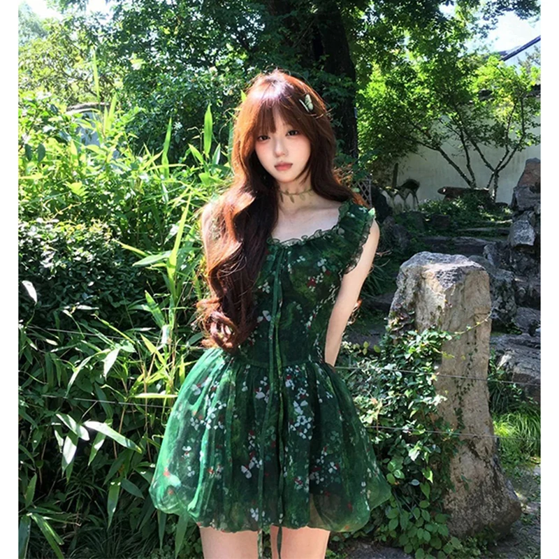Vintage Blumen-Minikleid für Damen, Harajuku-Print, ärmellos, Sommerkleid im koreanischen Stil, Schnür-Bodycon-Design, A-Linie, Vestidos, Neu