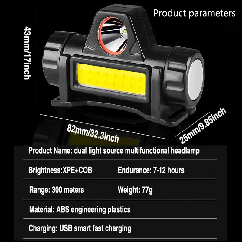 Rechargeable LED Headlamp Fishing Camping Headlight XPE COB Work 2 Lighting Modes With Tail Magnet Detachable Portable Flashligh