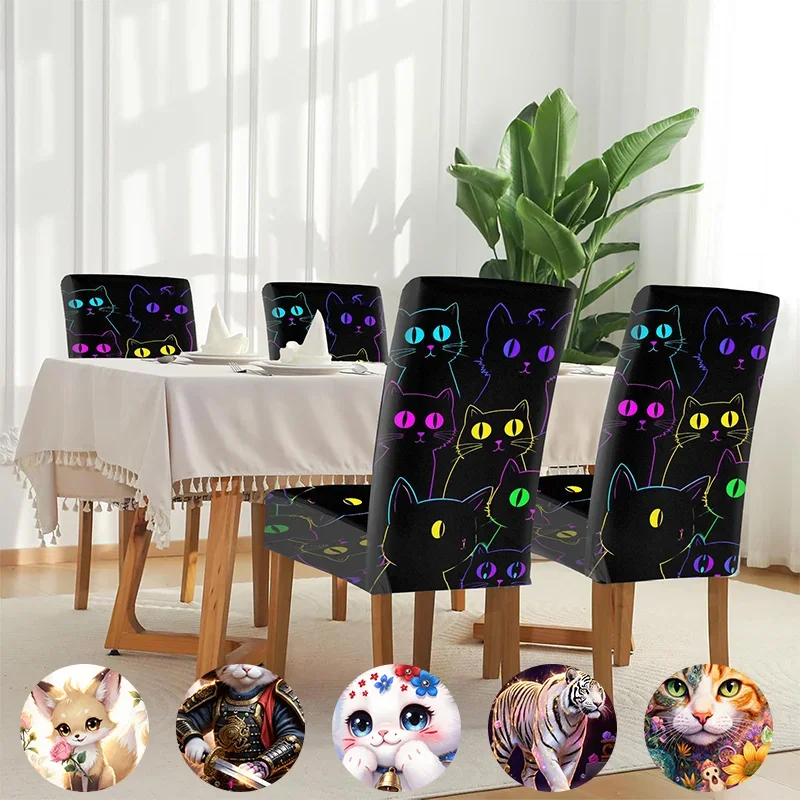 Elastic dining chair cover Black background contrasting fluorescent cat removable, washable, home dining chair cover
