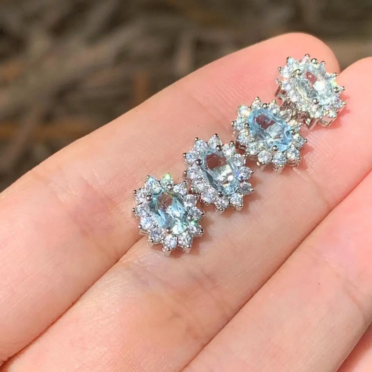 Genuine Natural Blue Topaz 925 Sterling Silver Stud Earrings for women Jewelry Gift 1.4ct Ocean Blue Topaz Oval Pave CZ