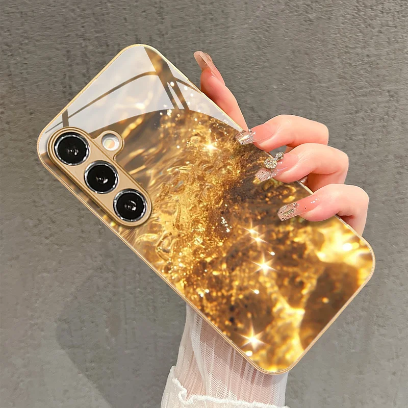 Golden Glitter Ocean Wave Texture Pattern Glass Phone Case for Galaxy S22/S23/S23 Ultra/S24/S24 FE/S24 Ultra/S25/S25