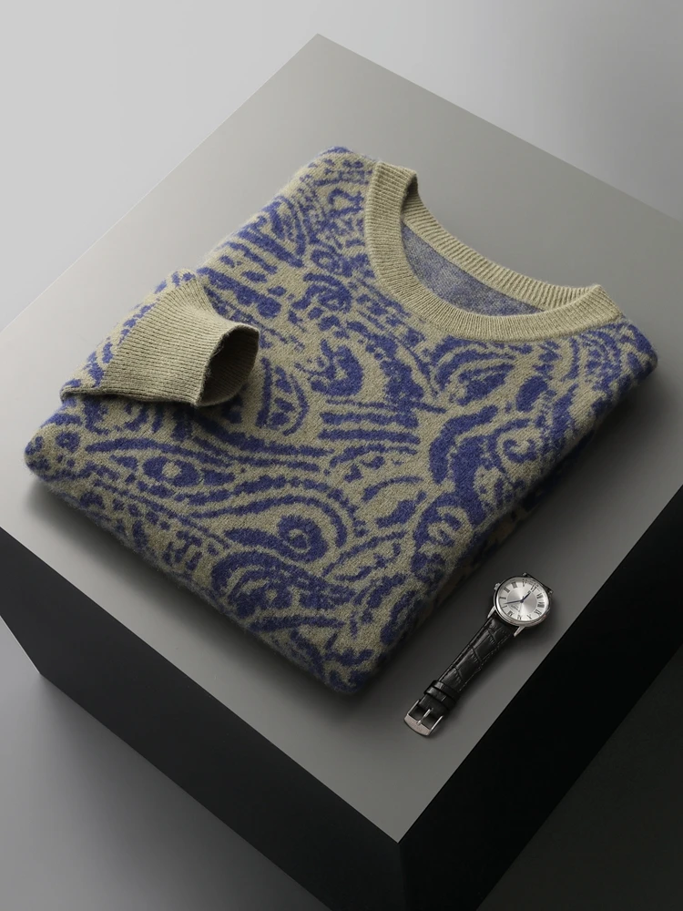 

Autumn Winter Men O-neck Wool Sweater Pullover 100% Merino Wool Knitted Long Sleeve Jacquard Cashmere Thick Vintage Clothing Top