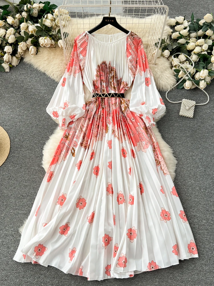 New Women Vintage Printed Dress Spring Summer Floral Printed Pleated Holiday Long Dresses Ladies Slim A-line Oversized Long Robe