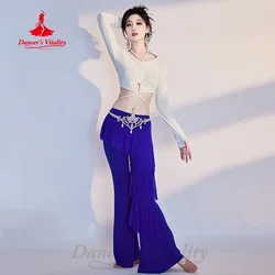 Belly Dancing Costume Set for Women V-neck Long Sleeved Top+slimming Flared Pants 2pcs Adults Oriental Dance Practice Outfit