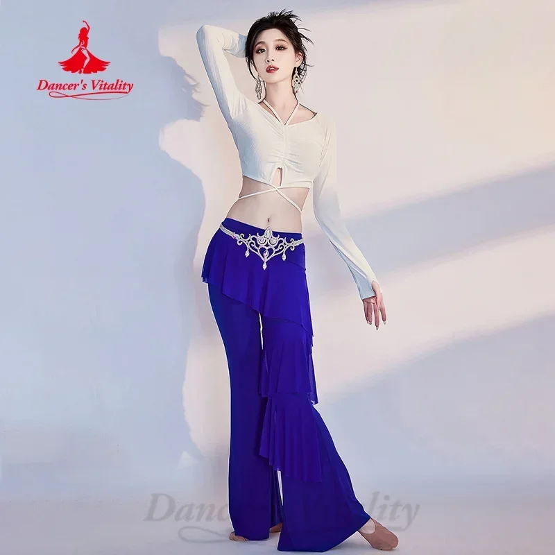 Belly Dancing Costume Set for Women V-neck Long Sleeved Top+slimming Flared Pants 2pcs Adults Oriental Dance Practice Outfit