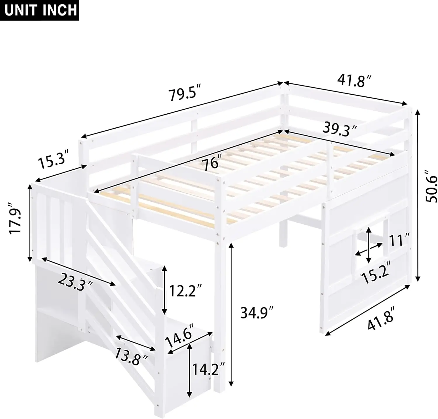 Twin Size Loft Bed With Storage Staircase And Window,Wood Twin Loft Bunk Bedframe With Full-Length Guardrail And Sturdy Slat