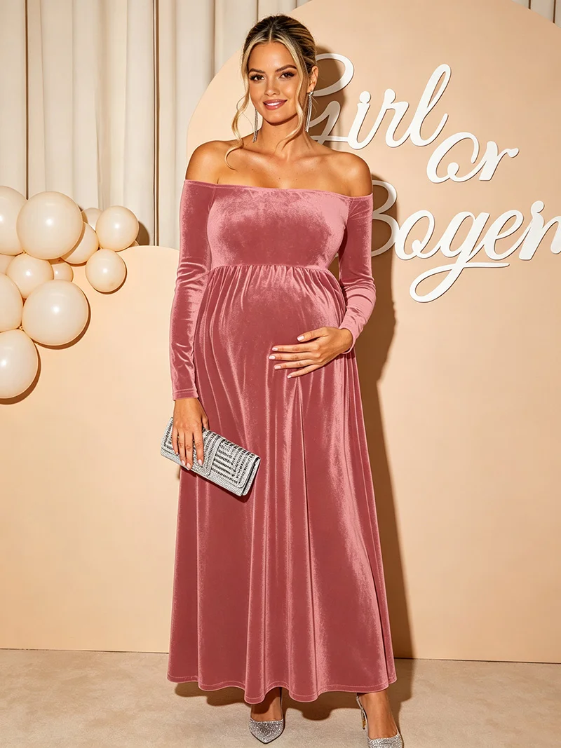 velvet-maternity-gown-women-off-shoulder-long-sleeve-a‑line-flowy-maxi-gown-pregnant-women-photography-solid-color-dresses