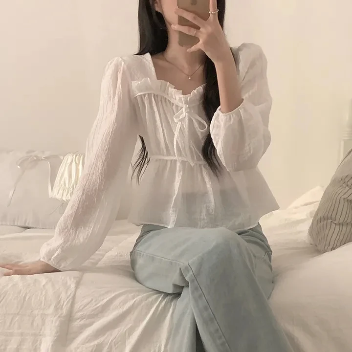 

Spring Summer Women's Chic Square Collar Drawstring Waist Long Sleeve Pure Color Pleated Chiffon Shirt Top Fashion Commute Style