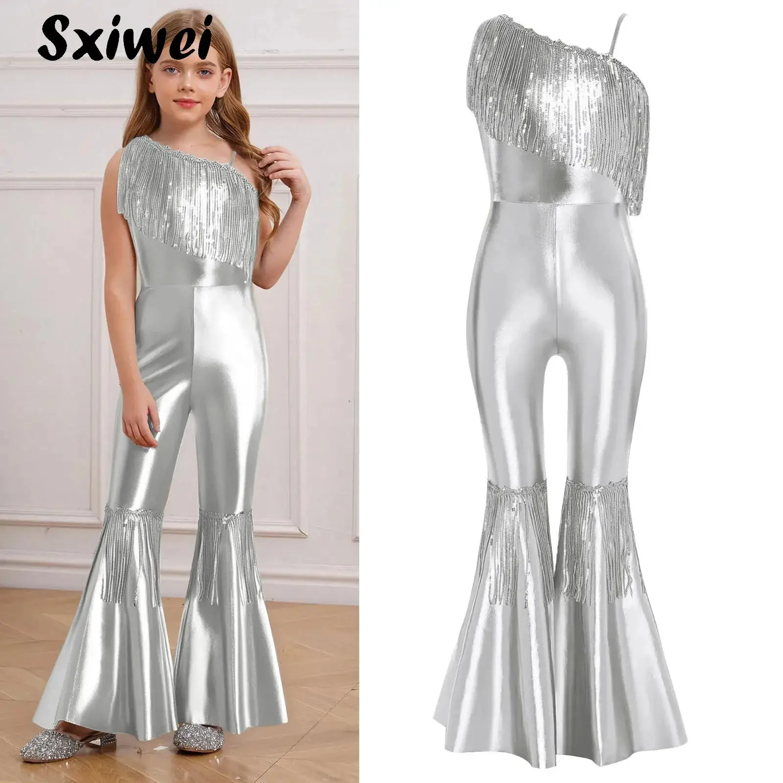 Kids Girls Shiny Sequin 70S Disco Flared Jumpsuit Halloween Tassels Hippie Costume Metallic Bell Bottom Party Romper Dancewear