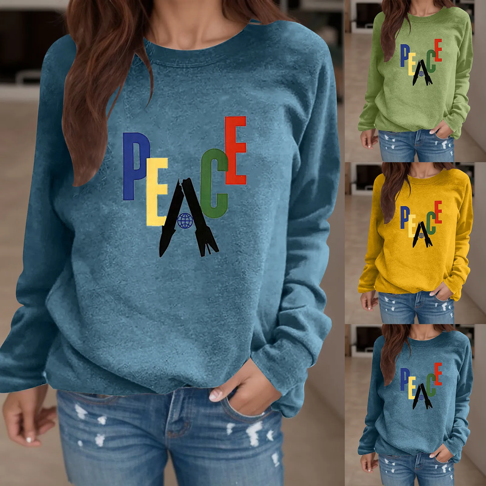 

Women Casual Fashion Spring Pullovers Sweatshirt Solid Color Round Neck Sweatshirt Letter Printed Long Sleeves Sweatshirt