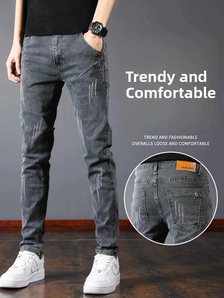 

Мужские джинсы Slim Fit, повседневные, эластичные, осенние, новые, весенне-летние, прямые, длинные брюки, молодежные, модные, из смесового хлопка и полиэстера