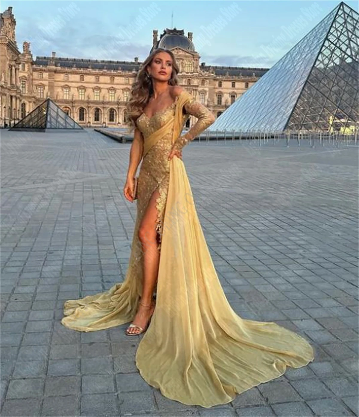 Robe de Soirée Dorée Sexy, Longueur au Sol, Superposée, Transparente, Bal de Bergame, Peu importe le Nouveau, Fente Latérale Haute, pour Femme