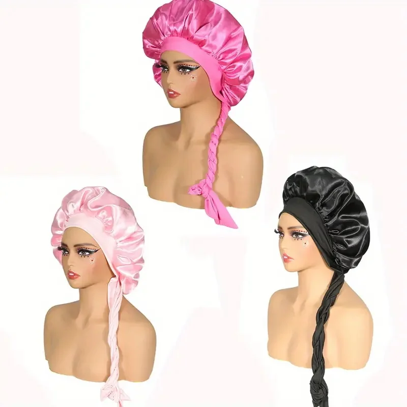 قطعة واحدة من قبعة الشعر الساتان ومجموعة Scrunchie مع قبعة نوم قابلة للتعديل/قبعة استحمام مرنة واسعة النطاق للنساء وجميع الشعر المجعد
