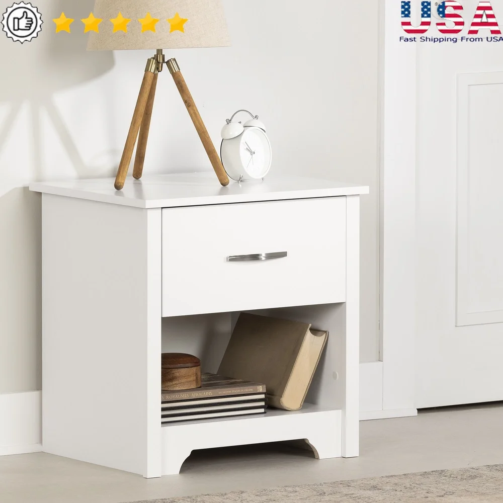 

Contemporary Nightstand Elegant Bedside Storage with Open Space Drawer Books Accessories Easy Assembly White Finish