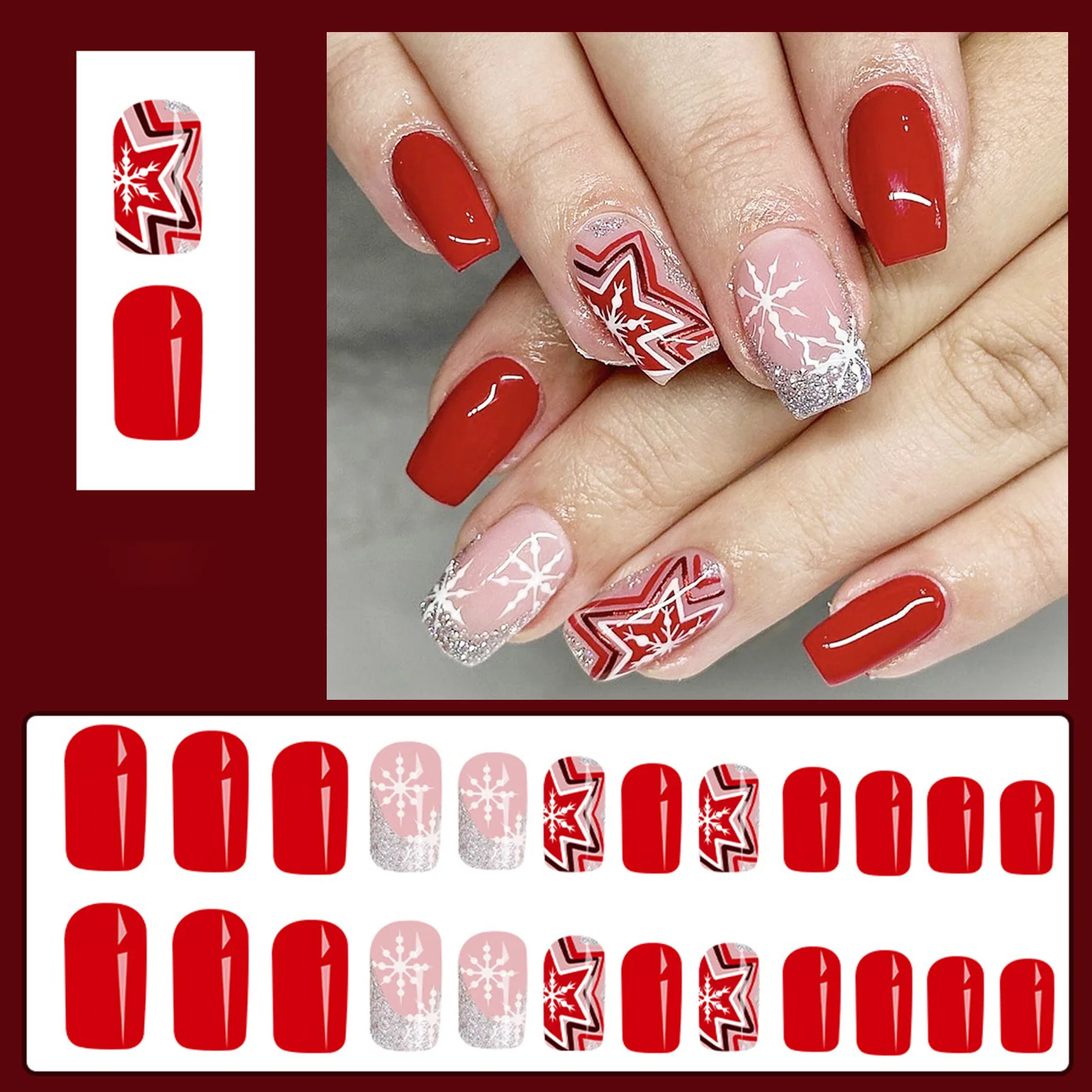 24pcs Glossy Red False Nail Tips Glitter Sequins Colorful Five-point Star Snow Designs Press On Nails Cute Christmas Fake Nail